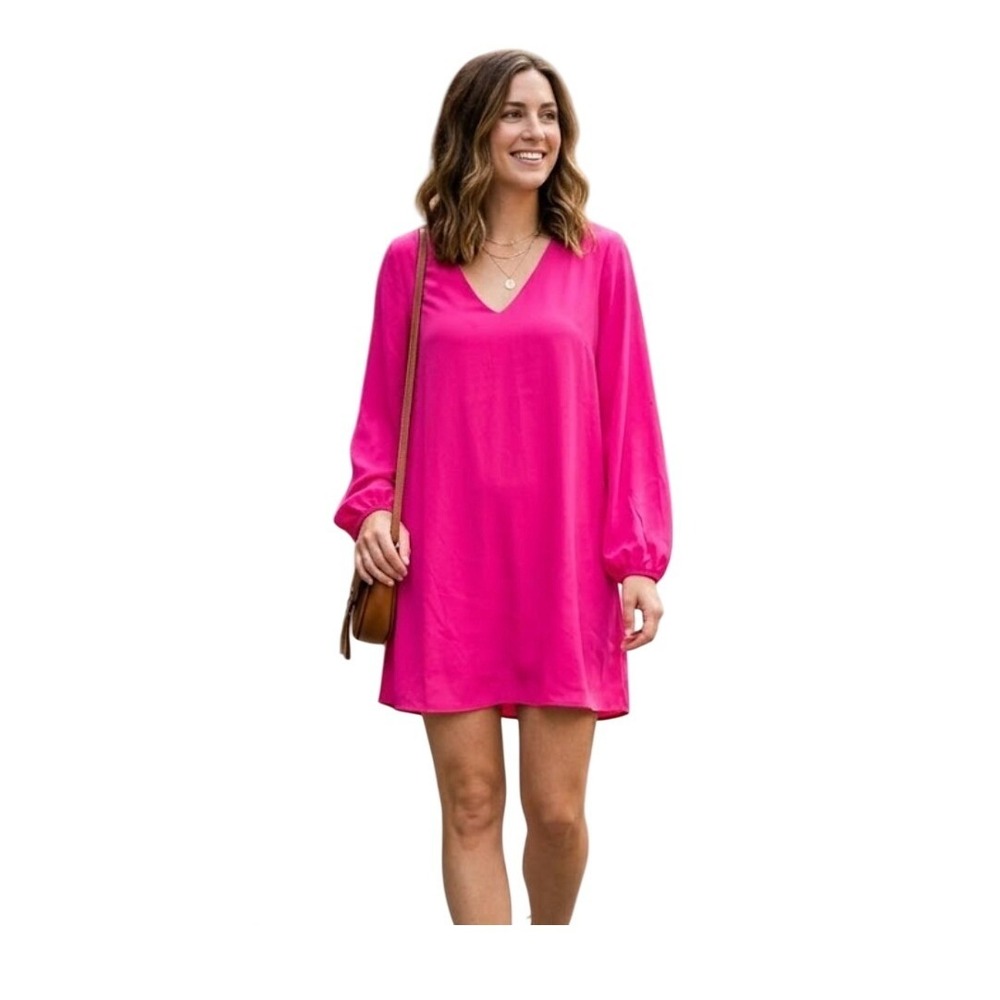 Belongsci Tunic Shift Dress Hot Pink Knit Mini‎ V-Neck Puff Long Sleeve S